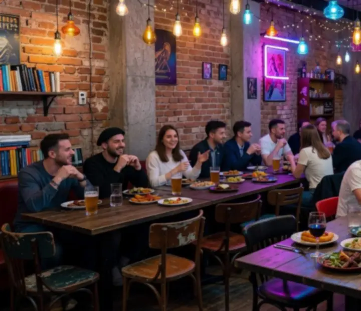 Lüktető budapesti bistro belső tér, közös asztalokkal és társas vacsorázó vendégekkel