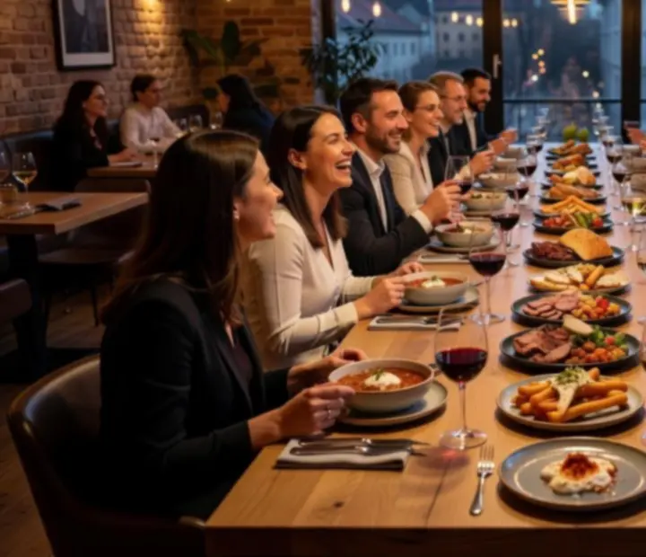 Nagyméretű közösségi asztal, ahol vendégek együtt vacsoráznak egy budapesti bisztróban