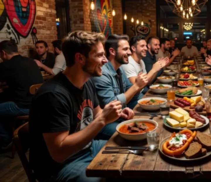 Hosszú közös vacsoraasztal gyertyafénnyel, megosztható fogásokkal és beszélgető vendégekkel.