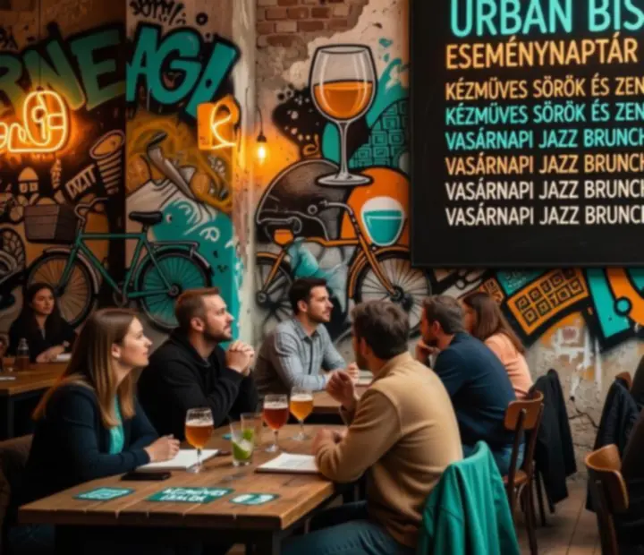 Hangulatos esti bistro tér hosszú közös asztalokkal és városi fényekkel.