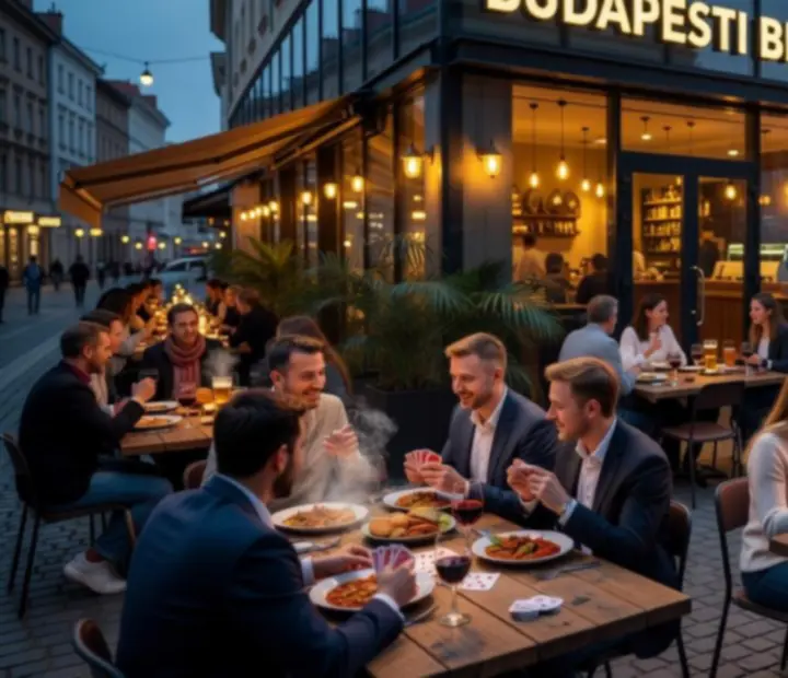Esti hangulatú budapesti urban bistro, közös asztalokkal és modern világítással