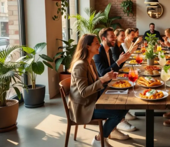 Nappali városi brunch hangulat színes tányérokkal, koktélokkal és baráti társasággal.